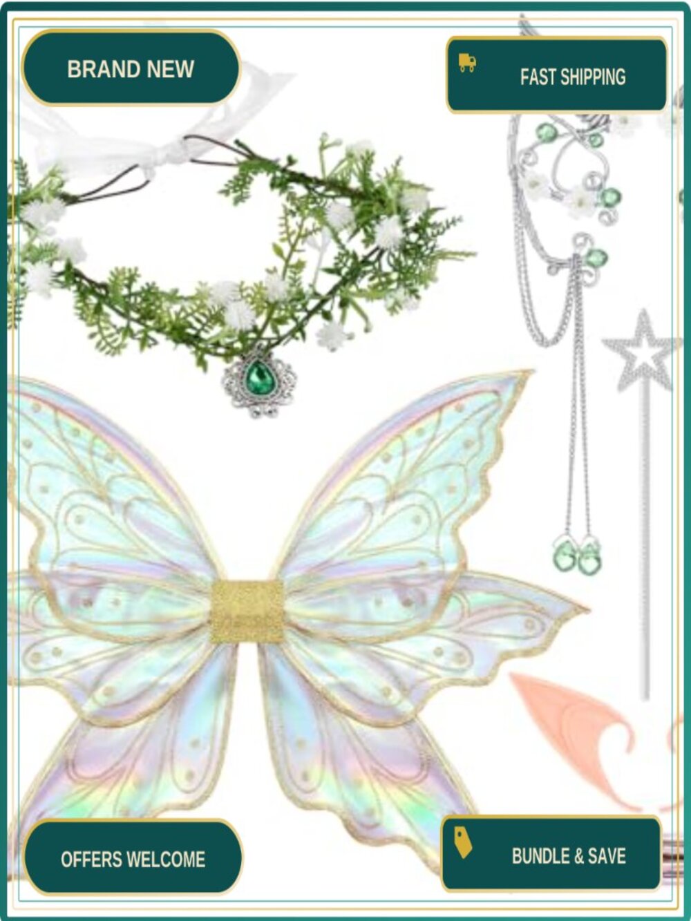 Halloween Butterfly Fairy Wing Costume Set with Tiara Wand Elf Ears